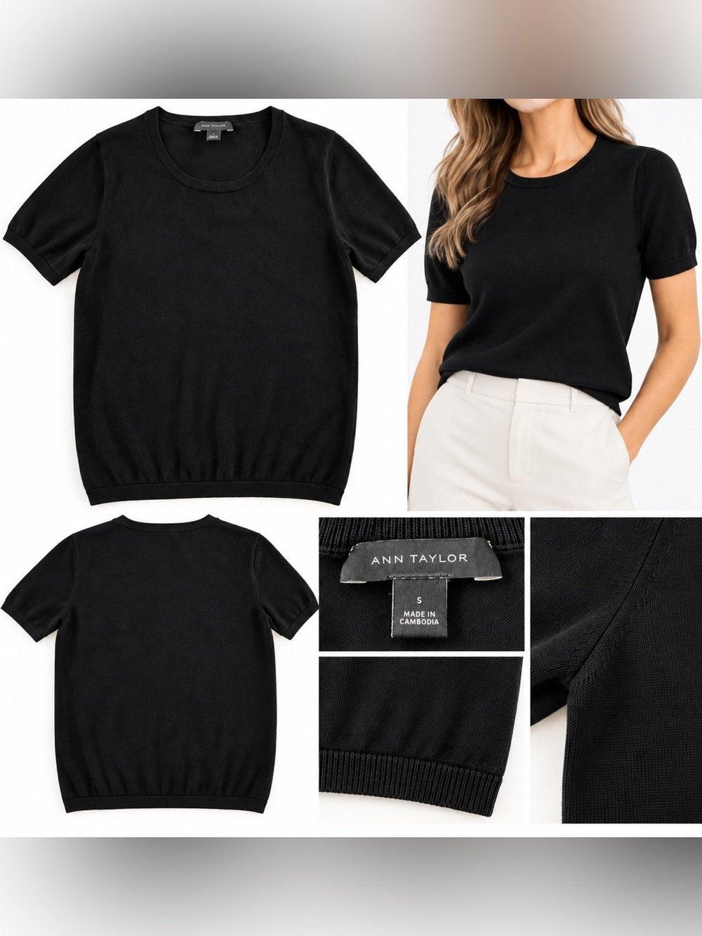 Ann Taylor Black Short Sleeve Knit Sweater Top Size Small S